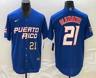 Mens Puerto Rico Baseball #21 Roberto Clemente Number 2023 Blue World Classic Stitched Jersey->2023 world baseball classic->MLB Jersey